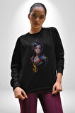 Süper Robot Kız Sulu Boya  Kadın Erkek  Siyah Baskılı Sweatshirt 