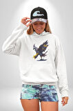 Kara Kartal Sulu Boya Kadın Erkek  Beyaz Kapüşonlu Sweatshirt Hoodie