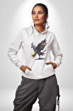 Kara Kartal Sulu Boya Kadın Erkek  Beyaz Kapüşonlu Sweatshirt Hoodie
