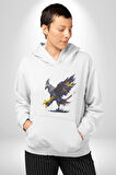Kara Kartal Sulu Boya Kadın Erkek  Beyaz Kapüşonlu Sweatshirt Hoodie