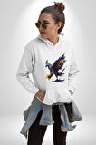 Kara Kartal Sulu Boya Kadın Erkek  Beyaz Kapüşonlu Sweatshirt Hoodie