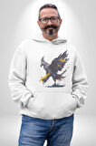Kara Kartal Sulu Boya Kadın Erkek  Beyaz Kapüşonlu Sweatshirt Hoodie