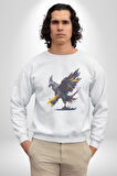 Kara Kartal Sulu Boya Kadın Erkek  Beyaz Baskılı Sweatshirt 