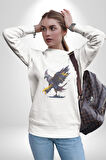 Kara Kartal Sulu Boya Kadın Erkek  Beyaz Baskılı Sweatshirt 