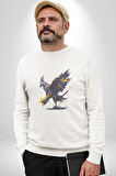 Kara Kartal Sulu Boya Kadın Erkek  Beyaz Baskılı Sweatshirt 