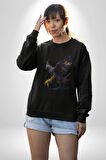 Kara Kartal Sulu Boya Kadın Erkek  Siyah Baskılı Sweatshirt 