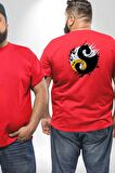 Yin İle Yang Kuramı   Büyük Beden Kırmızı Tişört Kadın Erkek Ünisex Sırt Baskılı