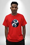 Renkli Yin İle Yang Kuramı   Pamuklu Bisiklet Yaka Kadın Erkek Oversize Boyfriend Dijital Baskılı Kırmızı T-Shirt