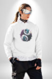 Renkli Yin İle Yang Kuramı   Kadın Erkek  Beyaz Baskılı Sweatshirt 