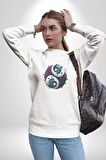 Renkli Yin İle Yang Kuramı   Kadın Erkek  Beyaz Baskılı Sweatshirt 