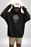 Beyaz Kurt  Kadın Erkek  Siyah Kapüşonlu Sweatshirt Hoodie