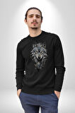 Beyaz Kurt  Kadın Erkek  Siyah Baskılı Sweatshirt 