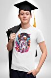 Ay Mars Astronot Kadın Erkek Unisex Beyaz Organik Baskılı T-Shirt Penye Yüksek Kalite