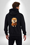 Teacup Pomernian Çeket  Kadın Erkek Siyah Renk Kapüşonlu Kanguru Cepli  Fermuarlı Pamuklu Oversize Dijital Baskılı Hırka Sweatshirt