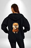 Teacup Pomernian Çeket  Kadın Erkek Siyah Renk Kapüşonlu Kanguru Cepli  Fermuarlı Pamuklu Oversize Dijital Baskılı Hırka Sweatshirt