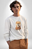 Teacup Pomernian Çeket  Kadın Erkek  Beyaz Baskılı Sweatshirt 