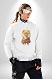 Teacup Pomernian Çeket  Kadın Erkek  Beyaz Baskılı Sweatshirt 
