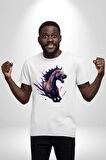 Renkli At Koşu  Kadın Erkek Unisex Beyaz Organik Baskılı T-Shirt Penye Yüksek Kalite