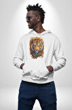 Kaplan Süs  Kadın Erkek  Beyaz Kapüşonlu Sweatshirt Hoodie