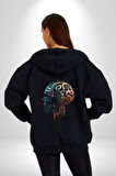 Robot Kafası Kız Kadın Erkek Siyah Renk Kapüşonlu Kanguru Cepli  Fermuarlı Pamuklu Oversize Dijital Baskılı Hırka Sweatshirt