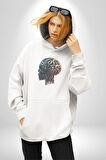 Robot Kafası Kız Kadın Erkek  Beyaz Kapüşonlu Sweatshirt Hoodie