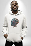 Robot Kafası Kız Kadın Erkek  Beyaz Kapüşonlu Sweatshirt Hoodie