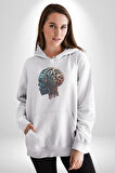 Robot Kafası Kız Kadın Erkek  Beyaz Kapüşonlu Sweatshirt Hoodie