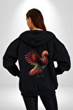 Anka Kuşu Ateş Kuşu Kadın Erkek Siyah Renk Kapüşonlu Kanguru Cepli  Fermuarlı Pamuklu Oversize Dijital Baskılı Hırka Sweatshirt