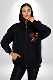 Anka Kuşu Ateş Kuşu Kadın Erkek Siyah Renk Kapüşonlu Kanguru Cepli  Fermuarlı Pamuklu Oversize Dijital Baskılı Hırka Sweatshirt