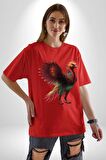Anka Kuşu Ateş Kuşu Pamuklu Bisiklet Yaka Kadın Erkek Oversize Boyfriend Dijital Baskılı Kırmızı T-Shirt
