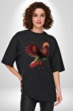 Anka Kuşu Ateş Kuşu Pamuklu Bisiklet Yaka Kadın Erkek Oversize Boyfriend Dijital Baskılı Siyah T-shirt