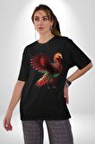 Anka Kuşu Ateş Kuşu Pamuklu Bisiklet Yaka Kadın Erkek Oversize Boyfriend Dijital Baskılı Siyah T-shirt