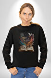 Hikaye Roman Kitabı Gerçekleşti Kadın Erkek  Siyah Baskılı Sweatshirt 