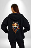 Renkli Sulu Boya Kurt Yapay Zeka Tasarımı  Kadın Erkek Siyah Renk Kapüşonlu Kanguru Cepli  Fermuarlı Pamuklu Oversize Dijital Baskılı Hırka Sweatshirt