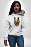 Renkli Sulu Boya Kurt Yapay Zeka Tasarımı  Kadın Erkek  Beyaz Kapüşonlu Sweatshirt Hoodie