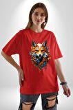 Renkli Sulu Boya Kurt Yapay Zeka Tasarımı  Pamuklu Bisiklet Yaka Kadın Erkek Oversize Boyfriend Dijital Baskılı Kırmızı T-Shirt