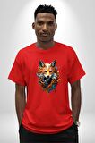Renkli Sulu Boya Kurt Yapay Zeka Tasarımı  Pamuklu Bisiklet Yaka Kadın Erkek Oversize Boyfriend Dijital Baskılı Kırmızı T-Shirt