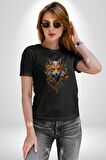 Renkli Sulu Boya Kurt Yapay Zeka Tasarımı  Kadın Erkek Unisex Siyah Organik Baskılı T-Shirt Penye Yüksek Kalite