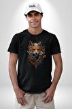 Renkli Sulu Boya Kurt Yapay Zeka Tasarımı  Kadın Erkek Unisex Siyah Organik Baskılı T-Shirt Penye Yüksek Kalite