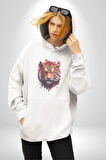 Kaplan Kafası Kadın Erkek  Beyaz Kapüşonlu Sweatshirt Hoodie