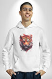 Kaplan Kafası Kadın Erkek  Beyaz Kapüşonlu Sweatshirt Hoodie