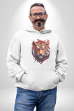 Kaplan Kafası Kadın Erkek  Beyaz Kapüşonlu Sweatshirt Hoodie