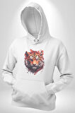 Kaplan Kafası Kadın Erkek  Beyaz Kapüşonlu Sweatshirt Hoodie