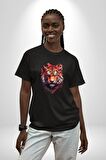 Kaplan Kafası Pamuklu Bisiklet Yaka Kadın Erkek Oversize Boyfriend Dijital Baskılı Siyah T-shirt