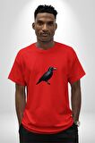 Siyah Karga Pamuklu Bisiklet Yaka Kadın Erkek Oversize Boyfriend Dijital Baskılı Kırmızı T-Shirt