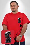 Uzaylı Predator Canavar Kırmızı Büyük Beden Kadın Basic Minimal Baskılı Tişört