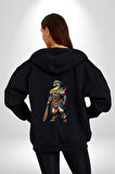 Oturan Kuş Efsanesi Kadın Erkek Siyah Renk Kapüşonlu Kanguru Cepli  Fermuarlı Pamuklu Oversize Dijital Baskılı Hırka Sweatshirt