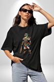 Oturan Kuş Efsanesi Pamuklu Bisiklet Yaka Kadın Erkek Oversize Boyfriend Dijital Baskılı Siyah T-shirt