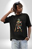 Oturan Kuş Efsanesi Pamuklu Bisiklet Yaka Kadın Erkek Oversize Boyfriend Dijital Baskılı Siyah T-shirt