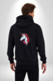 Unicorn Tek Boynuzlu At Kadın Erkek Siyah Renk Kapüşonlu Kanguru Cepli  Fermuarlı Pamuklu Oversize Dijital Baskılı Hırka Sweatshirt
